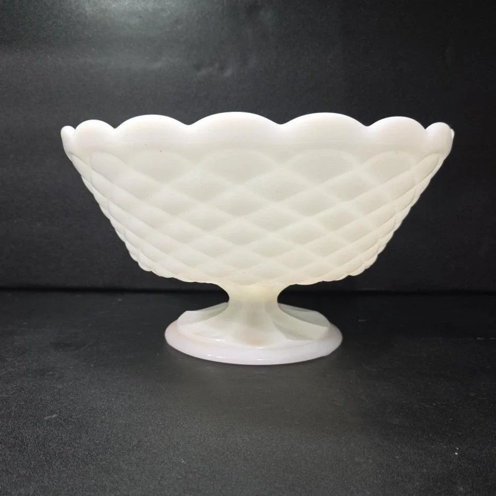 Milk Glass Diamond Quilt Footed Fruit Bowl, Vintage White Pedestal Compote